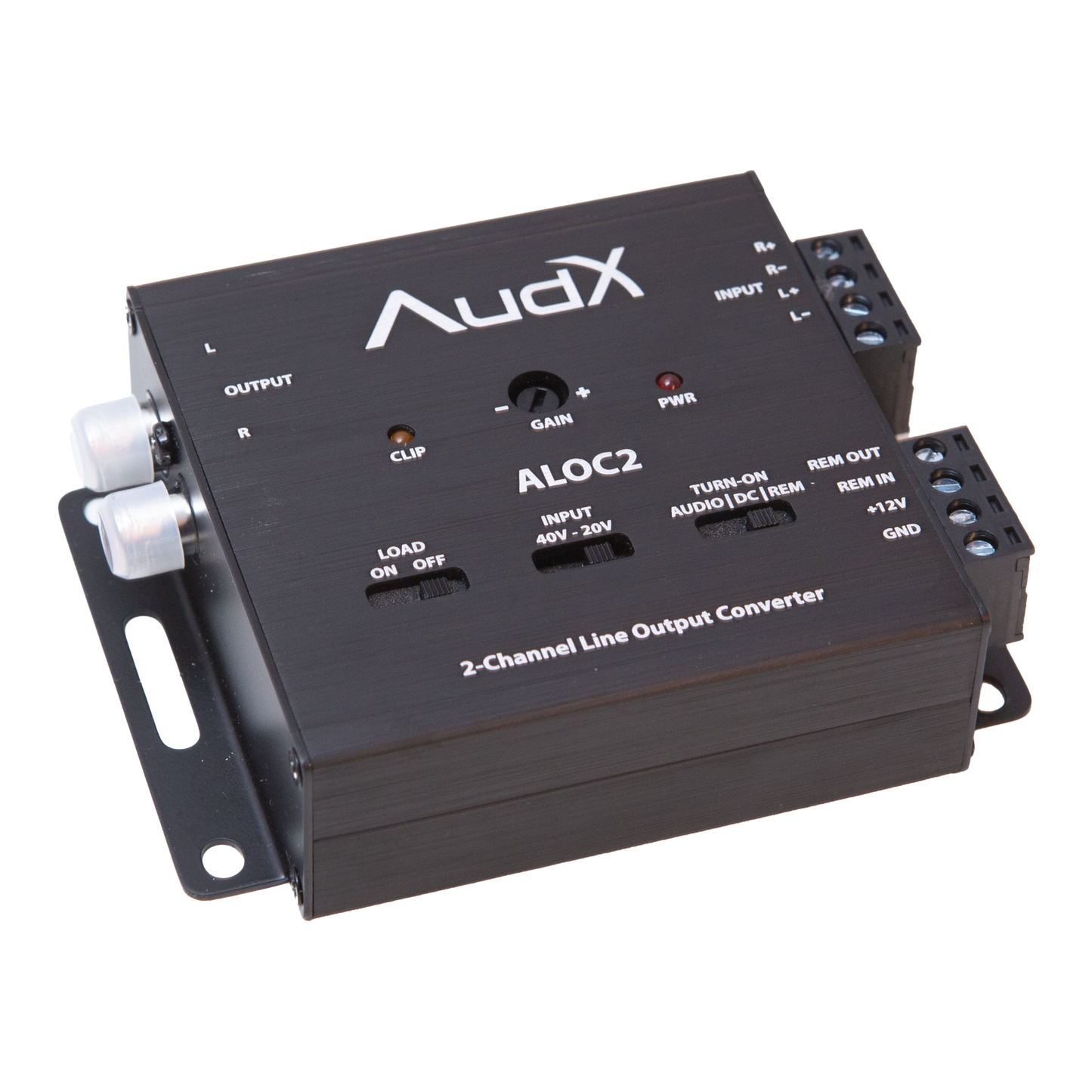  AudX ALOC2 2-Channel Line Output Converter with white text and labels, featuring silver terminal blocks and a mounting bracket, shown on a white background.