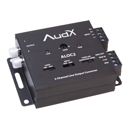  AudX ALOC2 2-Channel Line Output Converter with white text and labels, featuring silver terminal blocks and a mounting bracket, shown on a white background.