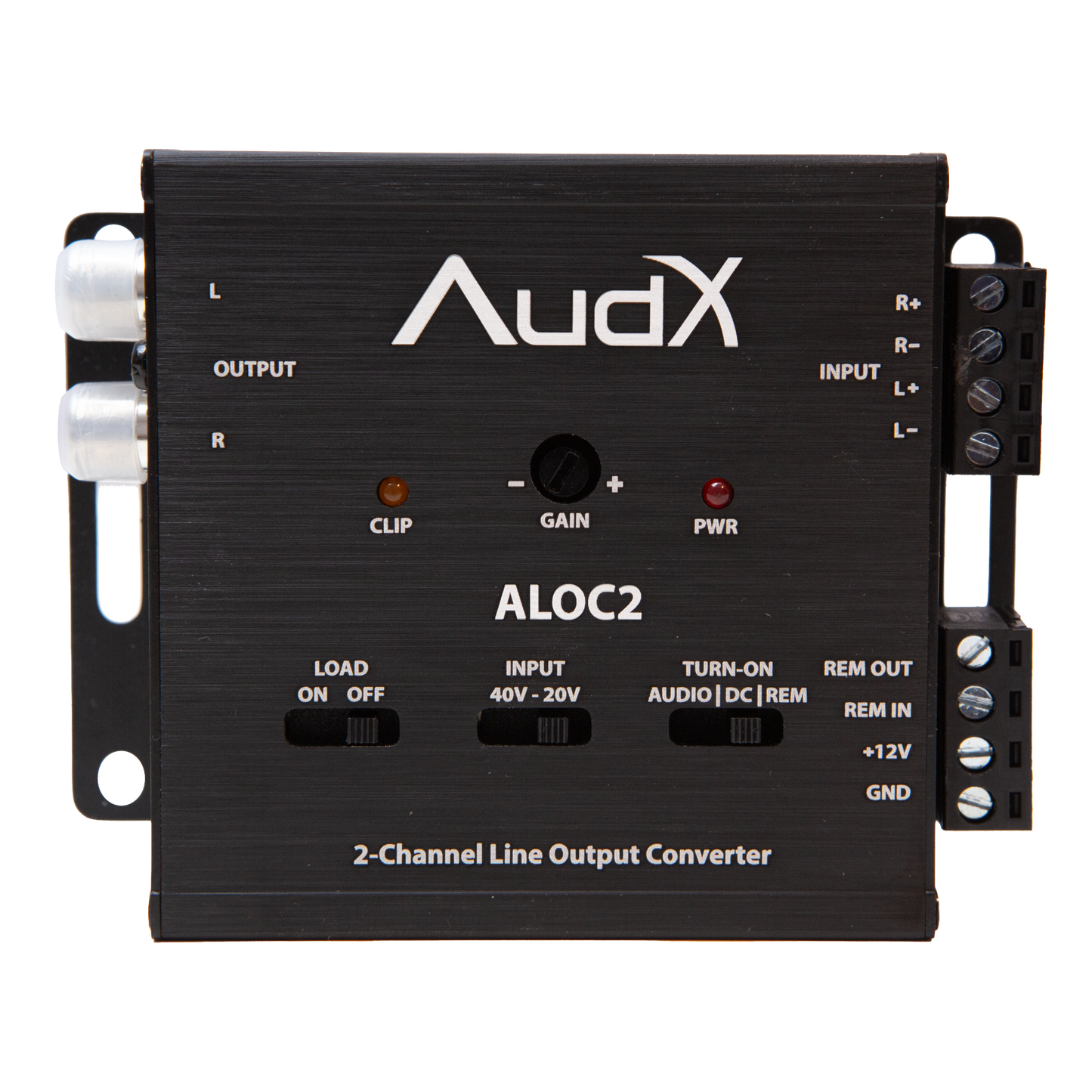 AudX ALOC2 2-Channel Line Output Converter in black metal with silver screw terminals, white branding, and control switches on a white background.