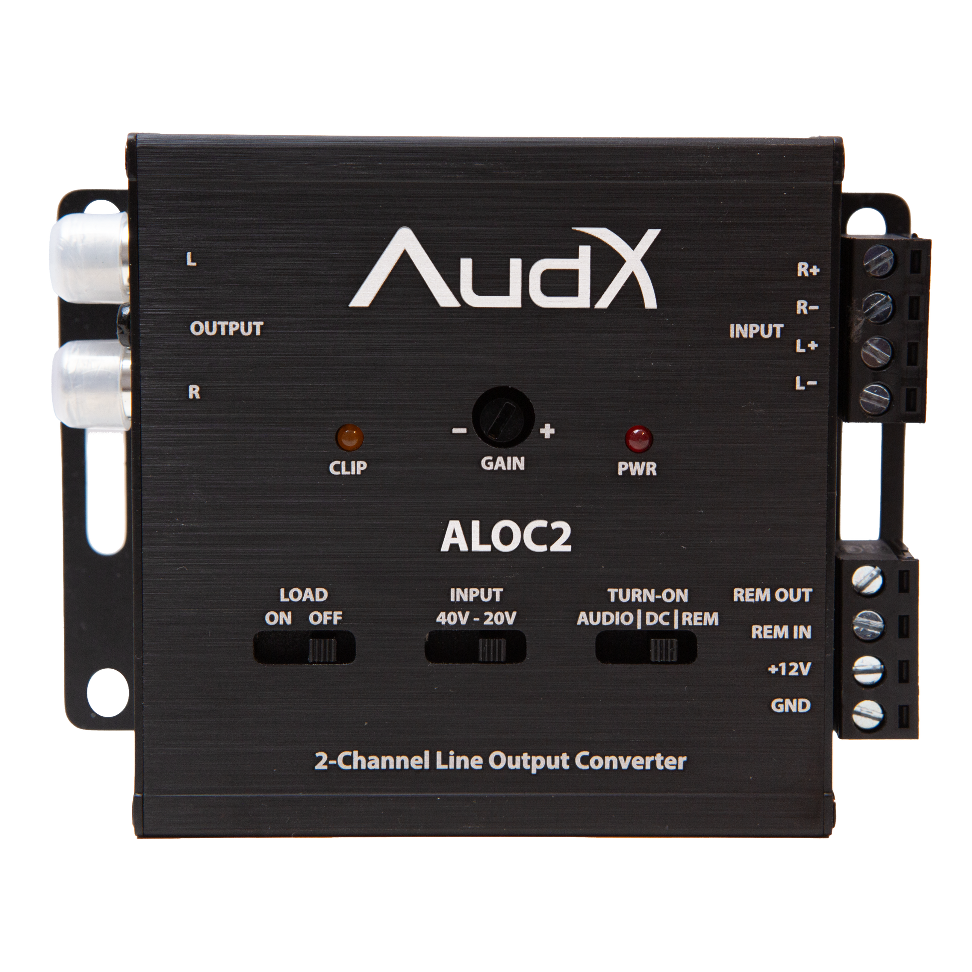 AudX ALOC2 2-Channel Line Output Converter in black metal with silver screw terminals, white branding, and control switches on a white background.