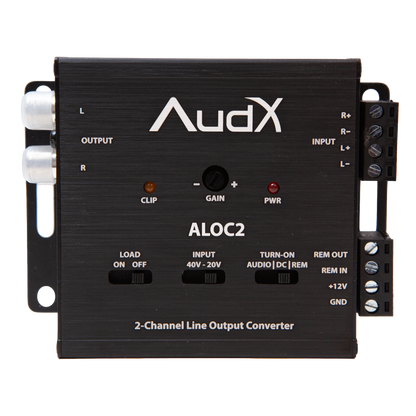 AudX ALOC2 2-Channel Line Output Converter in black metal with silver screw terminals, white branding, and control switches on a white background.