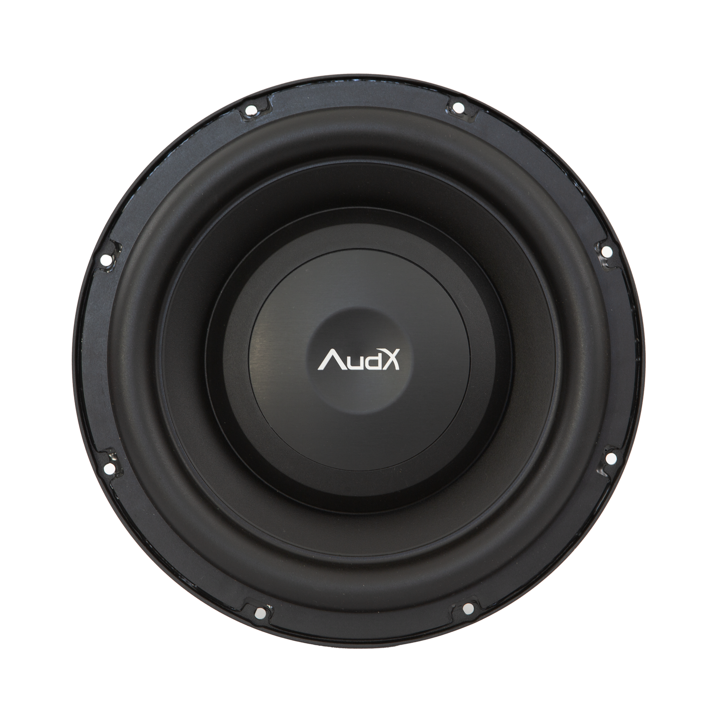 Subwoofer with AudX logo on a white background