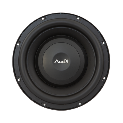 Subwoofer with AudX logo on a white background